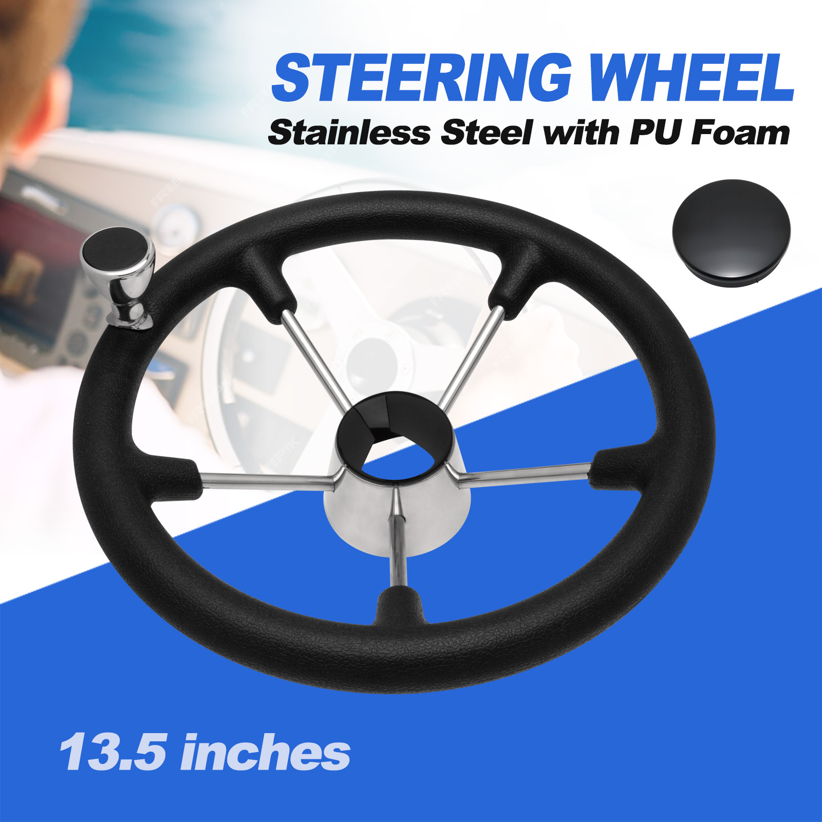 Fishing Boat Steering Wheel - 13.5’’ 5-Spoke Stainless Steel Boat Steering